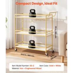 VEVOR Bar Cart, 3 Tiers Home Kitchen Serving Carts, Modern Rolling Utility Station on Wheels, Mobile Drink Beverage Trolley with Wooden Shelf, Wine Rack, and Glass Holder, 35.83x12.99x36.81 in, Gold