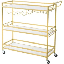 VEVOR Bar Cart, 3 Tiers Home Kitchen Serving Carts, Modern Rolling Utility Station on Wheels, Mobile Drink Beverage Trolley with Wooden Shelf, Wine Rack, and Glass Holder, 35.83x12.99x36.81 in, Gold