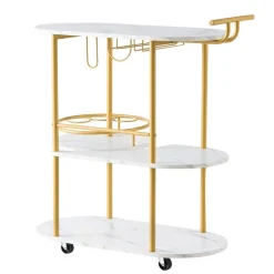 VEVOR Bar Cart, 3 Tiers Home Kitchen Serving Carts, Modern Round Rolling Utility Station on Wheels, Mobile Drink Beverage Trolley w/ Wooden Shelf, Wine Rack, Glass Holder, for Living Dining Room, Gold