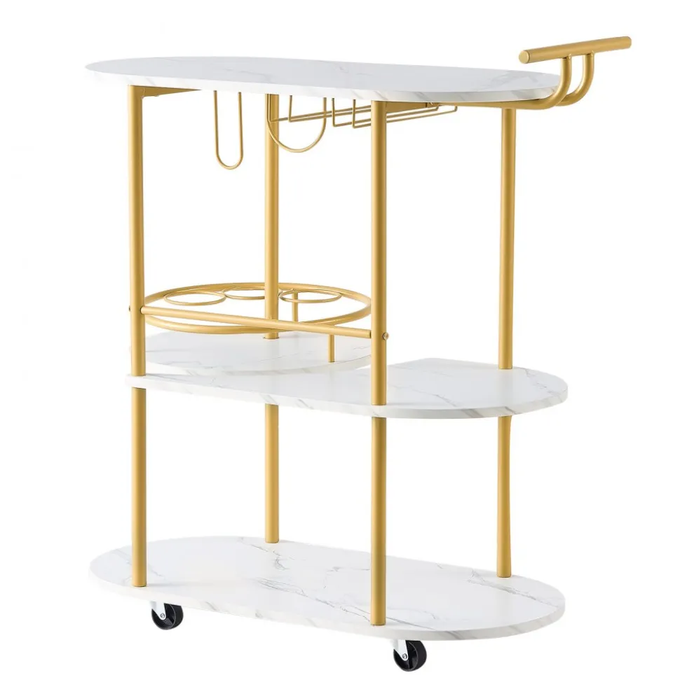 VEVOR Bar Cart, 3 Tiers Home Kitchen Serving Carts, Modern Round Rolling Utility Station on Wheels, Mobile Drink Beverage Trolley w/ Wooden Shelf, Wine Rack, Glass Holder, for Living Dining Room, Gold