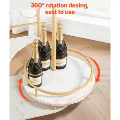 VEVOR Bar Cart, 3 Tiers Home Kitchen Serving Carts, Modern Round Rolling Utility Station on Wheels, Mobile Drink Beverage Trolley w/ Wooden Shelf, Wine Rack, Glass Holder, for Living Dining Room, Gold