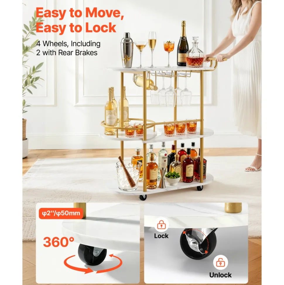 VEVOR Bar Cart, 3 Tiers Home Kitchen Serving Carts, Modern Round Rolling Utility Station on Wheels, Mobile Drink Beverage Trolley w/ Wooden Shelf, Wine Rack, Glass Holder, for Living Dining Room, Gold