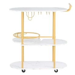VEVOR Bar Cart, 3 Tiers Home Kitchen Serving Carts, Modern Round Rolling Utility Station on Wheels, Mobile Drink Beverage Trolley w/ Wooden Shelf, Wine Rack, Glass Holder, for Living Dining Room, Gold