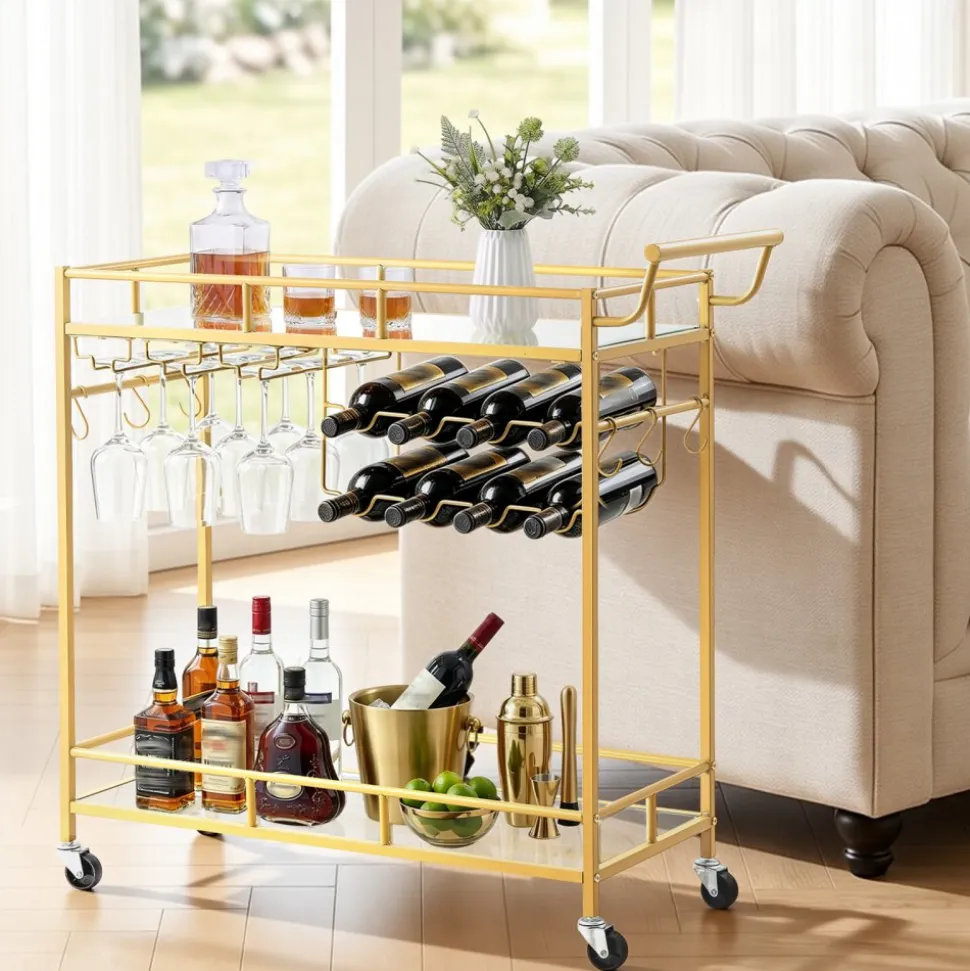 VEVOR Bar Cart, 3 Tiers Home Kitchen Serving Carts, Industrial Rolling Utility Station on Wheel, Mobile Drink Beverage Shelf with Wine Rack & Glass Holder, 26.77x14.17x32.68 in, Rustic Brown and Black