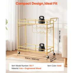VEVOR Bar Cart, 2 Tiers Home Kitchen Serving Carts, Modern Rolling Utility Station on Wheel, Mobile Drink Beverage Trolley with Wooden & Mesh Shelf, Wine Rack, Glass Holder, 33.86x11.81x32.68 in, Gold