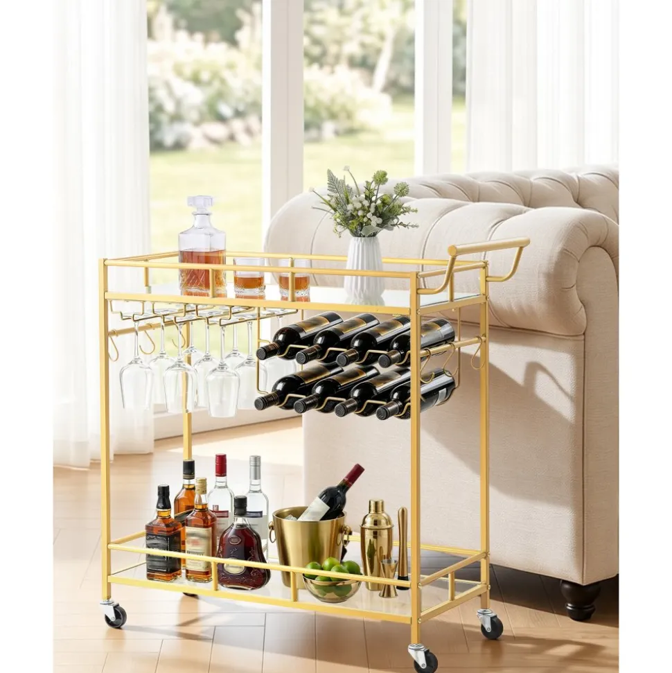 VEVOR Bar Cart, 3 Tiers Home Kitchen Serving Carts, Industrial Rolling Utility Station on Wheel, Mobile Drink Beverage Shelf with Wine Rack & Glass Holder, 26.77x14.17x32.68 in, Rustic Brown and Black