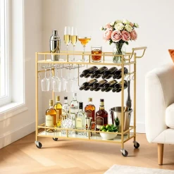 VEVOR Bar Cart, 3 Tiers Home Kitchen Serving Carts, Industrial Rolling Utility Station on Wheel, Mobile Drink Beverage Shelf with Wine Rack & Glass Holder, 26.77x14.17x32.68 in, Rustic Brown and Black