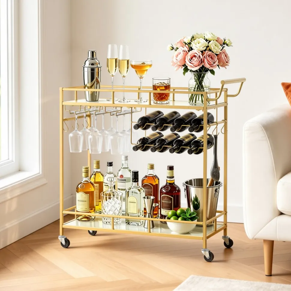 VEVOR Bar Cart, 3 Tiers Home Kitchen Serving Carts, Industrial Rolling Utility Station on Wheel, Mobile Drink Beverage Shelf with Wine Rack & Glass Holder, 26.77x14.17x32.68 in, Rustic Brown and Black