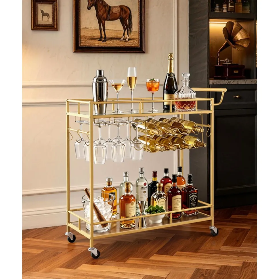 VEVOR Bar Cart, 3 Tiers Home Kitchen Serving Carts, Industrial Rolling Utility Station on Wheel, Mobile Drink Beverage Shelf with Wine Rack & Glass Holder, 26.77x14.17x32.68 in, Rustic Brown and Black