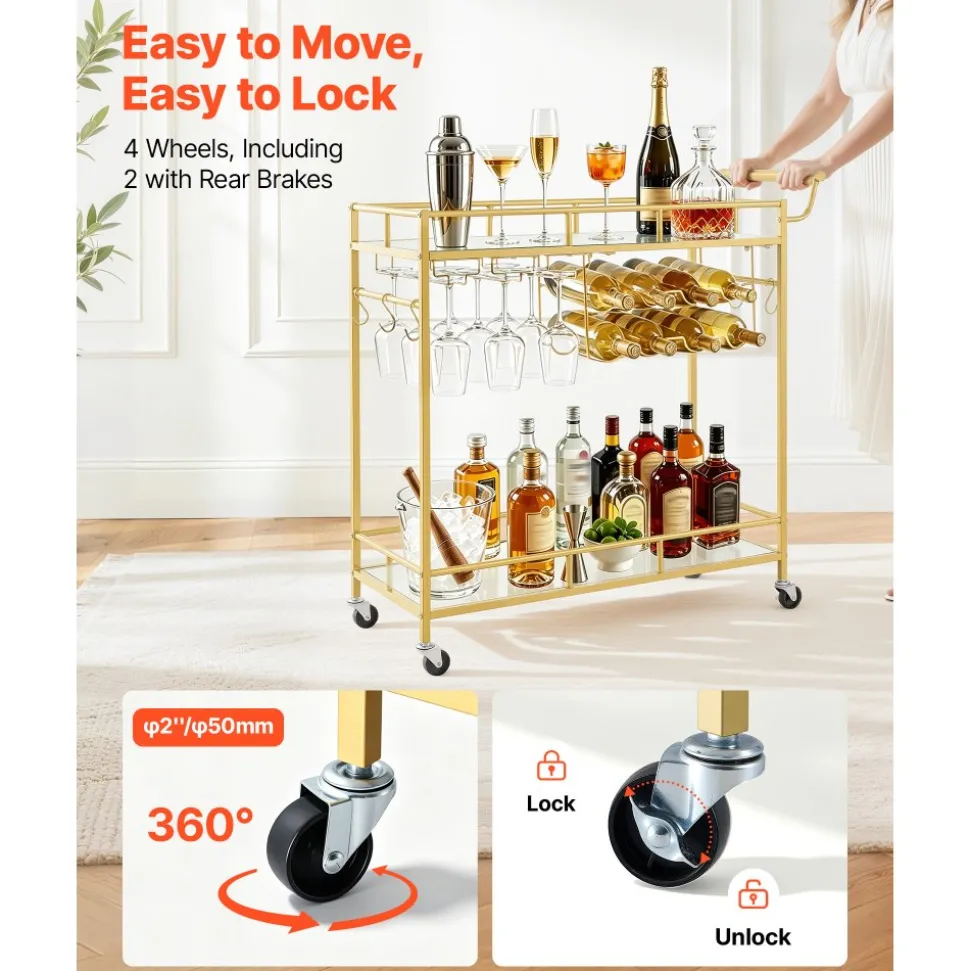 VEVOR Bar Cart, 3 Tiers Home Kitchen Serving Carts, Industrial Rolling Utility Station on Wheel, Mobile Drink Beverage Shelf with Wine Rack & Glass Holder, 26.77x14.17x32.68 in, Rustic Brown and Black