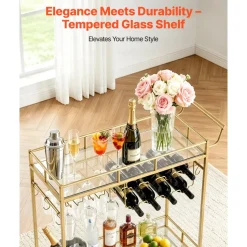 VEVOR Bar Cart, 3 Tiers Home Kitchen Serving Carts, Industrial Rolling Utility Station on Wheel, Mobile Drink Beverage Shelf with Wine Rack & Glass Holder, 26.77x14.17x32.68 in, Rustic Brown and Black