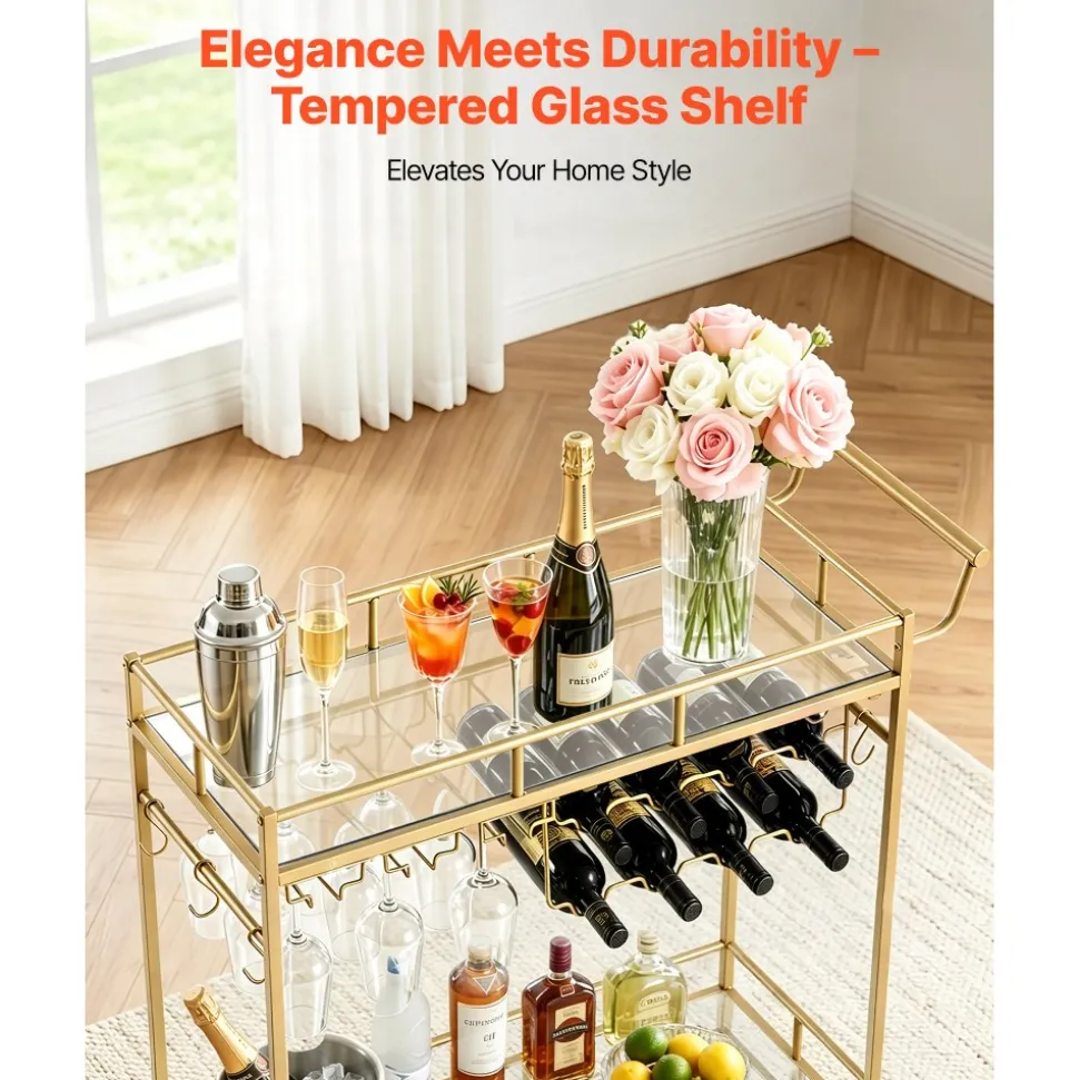 VEVOR Bar Cart, 3 Tiers Home Kitchen Serving Carts, Industrial Rolling Utility Station on Wheel, Mobile Drink Beverage Shelf with Wine Rack & Glass Holder, 26.77x14.17x32.68 in, Rustic Brown and Black