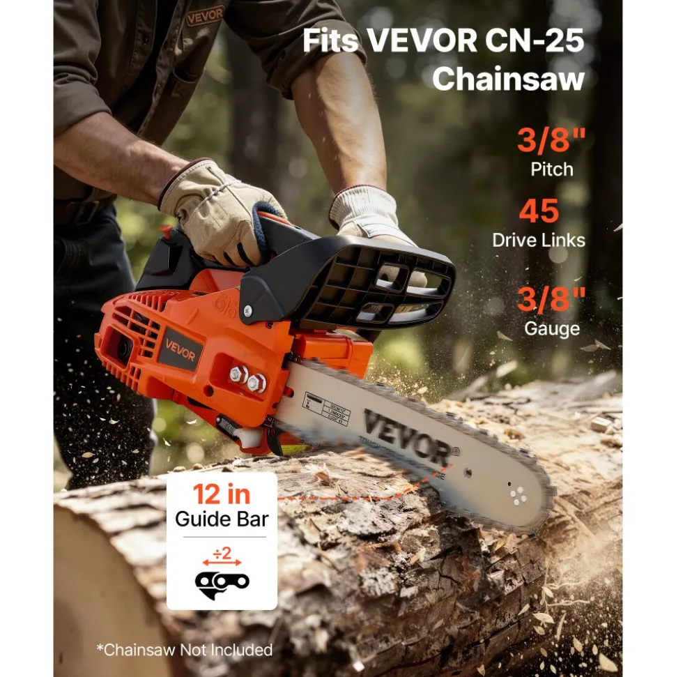 VEVOR Bar & Chainsaw Chain Combo 12" 3/8" Pitch 3/8" Gauge 45 Drive Links, Fits VEVOR CN-25 Gas Chainsaw, Forged Alloy Steel, Replacement Guide Bar & Saw Chain with Sharp Cutter Teeth & Tie Straps