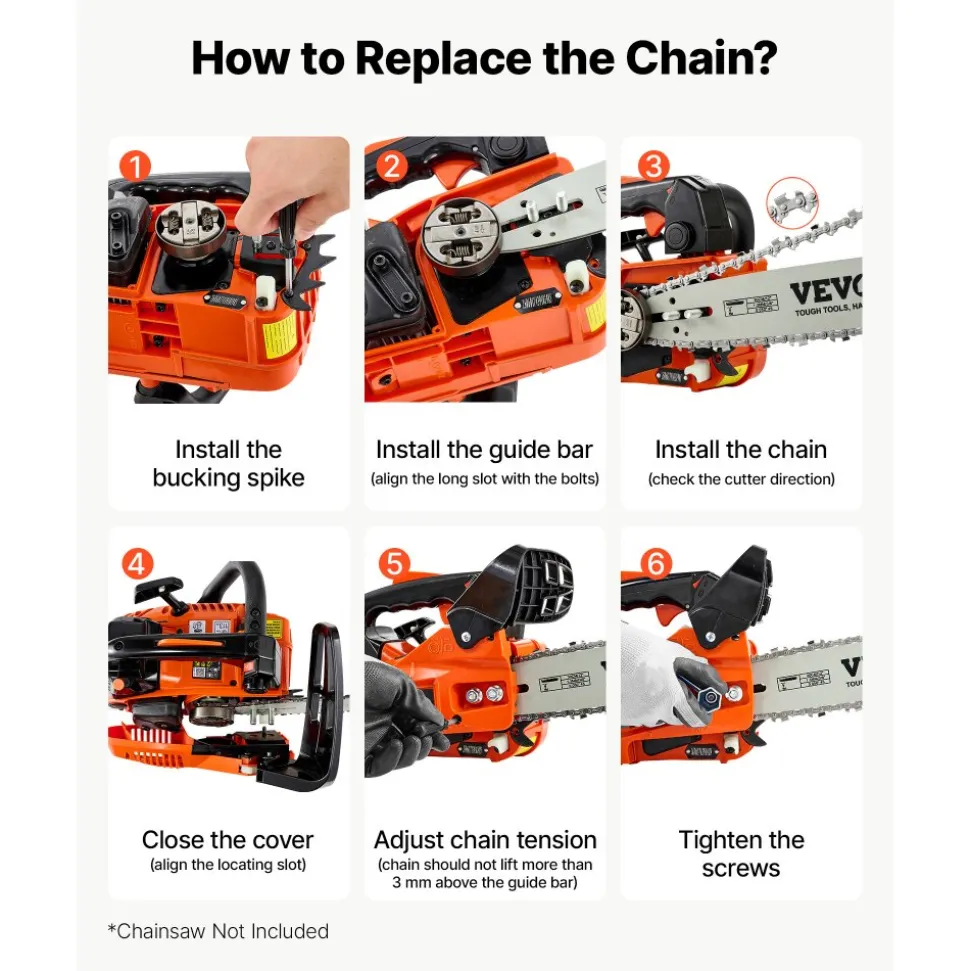 VEVOR Bar & Chainsaw Chain Combo 12" 3/8" Pitch 3/8" Gauge 45 Drive Links, Fits VEVOR CN-25 Gas Chainsaw, Forged Alloy Steel, Replacement Guide Bar & Saw Chain with Sharp Cutter Teeth & Tie Straps