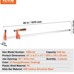 VEVOR Bar Clamps for Woodworking, 2-Pack 24 inch Opening, Lockable F-Clamp with 600 lbs Load Limit, 2-1/2 inch Depth, Cast Iron and Carbon Steel, Easy to Use, Wood Clamps for Woodworking Metal Working