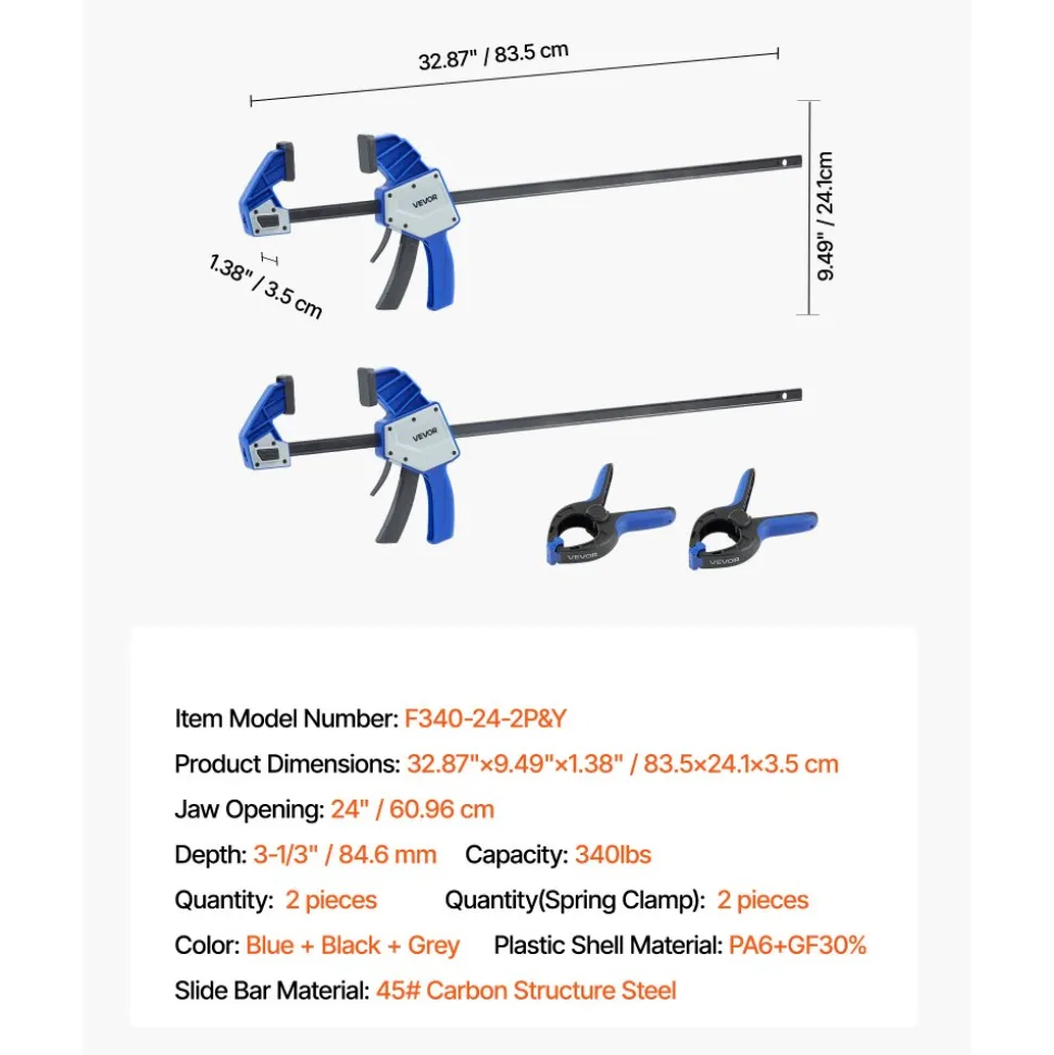VEVOR Bar Clamps for Woodworking, 2-Pack 24 inch One-Handed Clamp/Spreader, Quick-Grip F-Clamp with 340 lbs Load Limit, Premium Plastic and Carbon Steel, for Woodworking Metal working, Blue + Black