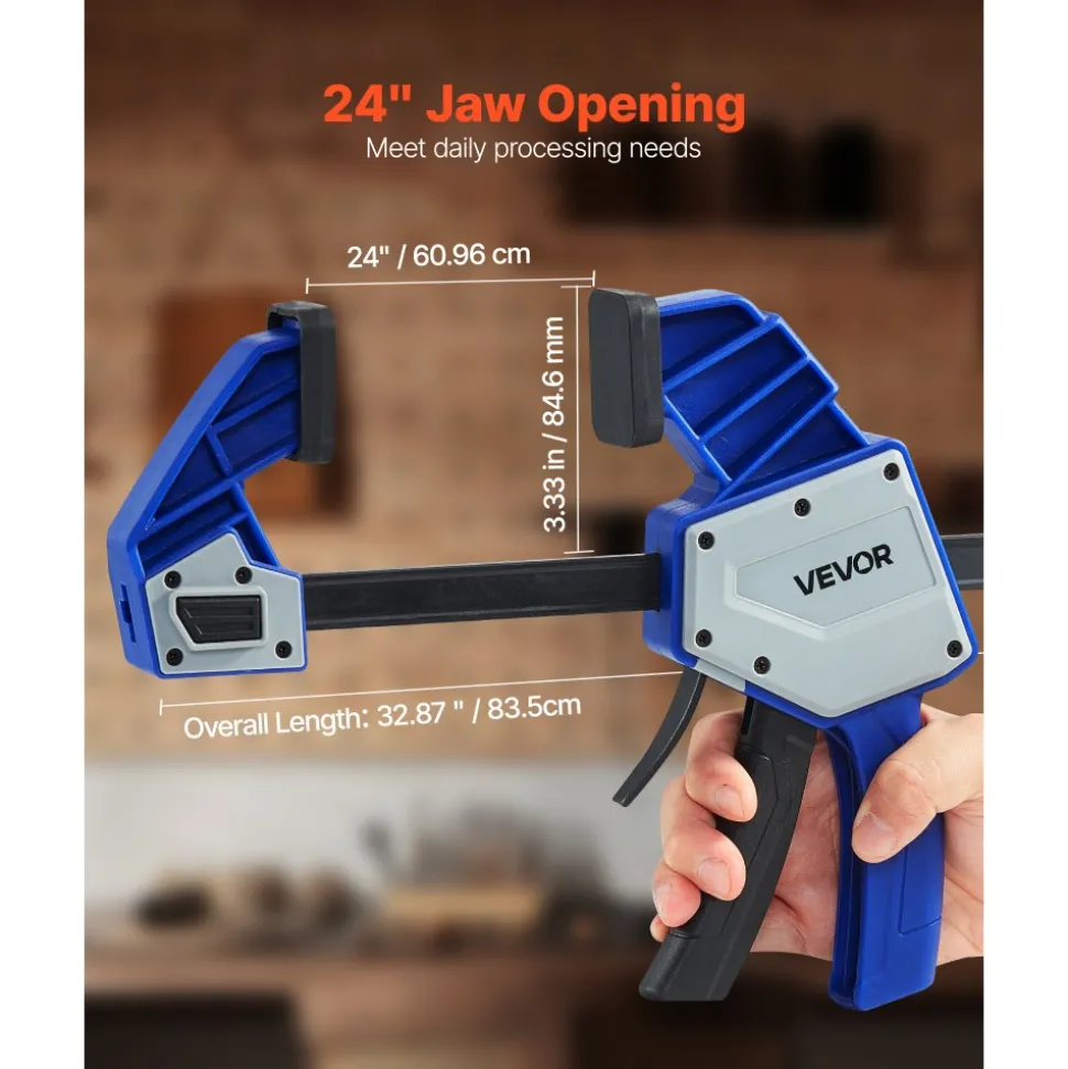 VEVOR Bar Clamps for Woodworking, 2-Pack 24 inch One-Handed Clamp/Spreader, Quick-Grip F-Clamp with 340 lbs Load Limit, Premium Plastic and Carbon Steel, for Woodworking Metal working, Blue + Black