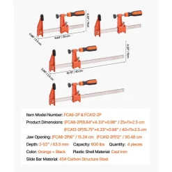 VEVOR Bar Clamps for Woodworking, 2-Pack 24 inch Parallel Clamp Set, F-Clamp with 1500 lbs Load Limit, Even Pressure, High-strength Plastic and Carbon Steel, for Woodworking Metal Working, Orange
