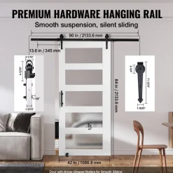 VEVOR Barn Door and Hardware Kit, 42" x 84" Wood and Glass Sliding Barn Door, Smoothly and Quietly, Barn Door Kit with 8-in-1 Floor Guide and Door Handle, Spruce Wood Slab and Frosted Glass