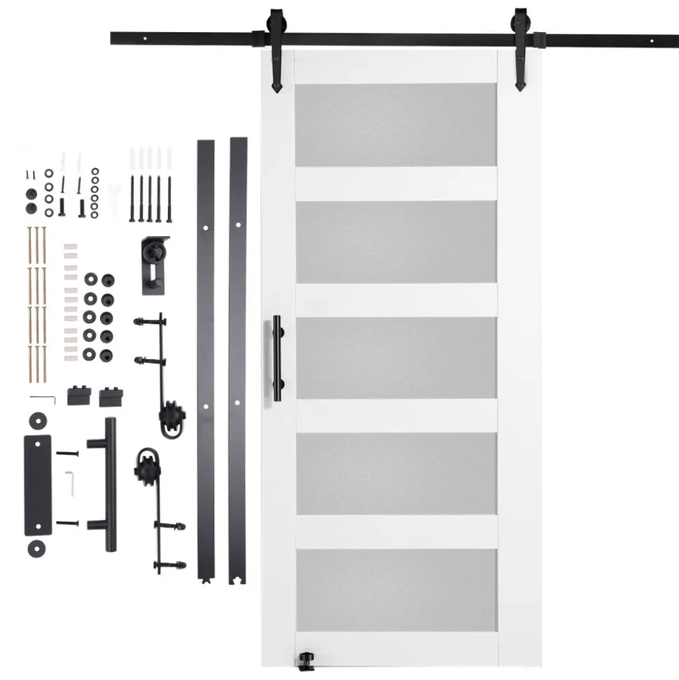 VEVOR Barn Door and Hardware Kit, 42" x 84" Wood and Glass Sliding Barn Door, Smoothly and Quietly, Barn Door Kit with 8-in-1 Floor Guide and Door Handle, Spruce Wood Slab and Frosted Glass