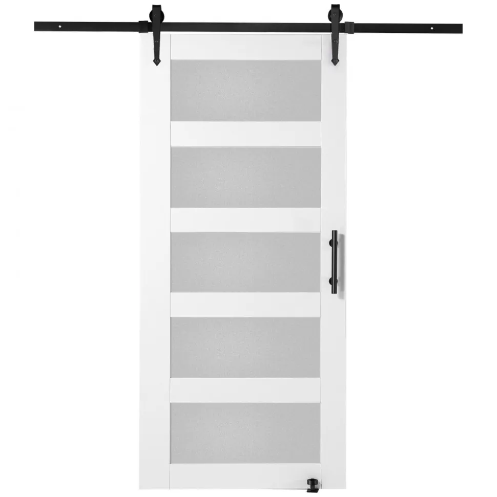 VEVOR Barn Door and Hardware Kit, 42" x 84" Wood and Glass Sliding Barn Door, Smoothly and Quietly, Barn Door Kit with 8-in-1 Floor Guide and Door Handle, Spruce Wood Slab and Frosted Glass