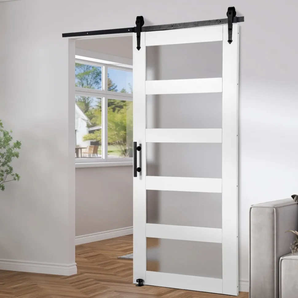 VEVOR Barn Door and Hardware Kit, 42" x 84" Wood and Glass Sliding Barn Door, Smoothly and Quietly, Barn Door Kit with 8-in-1 Floor Guide and Door Handle, Spruce Wood Slab and Frosted Glass