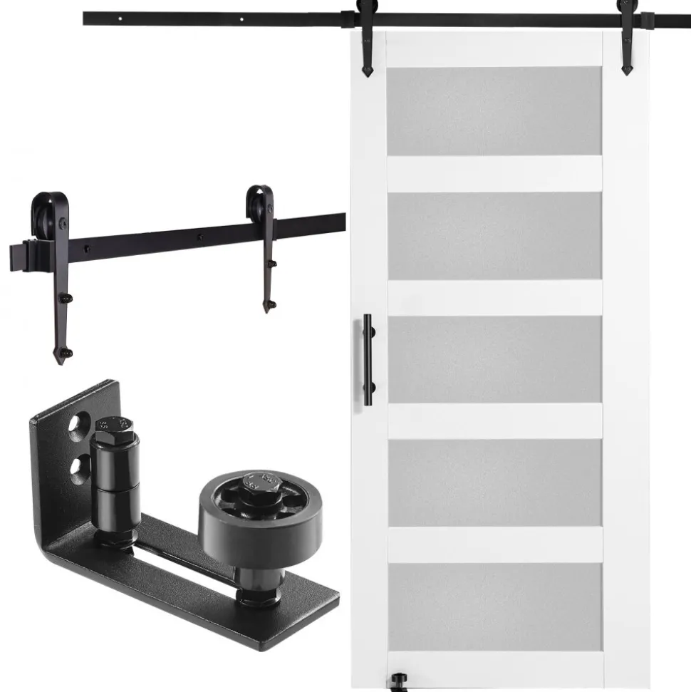 VEVOR Barn Door and Hardware Kit, 42" x 84" Wood and Glass Sliding Barn Door, Smoothly and Quietly, Barn Door Kit with 8-in-1 Floor Guide and Door Handle, Spruce Wood Slab and Frosted Glass