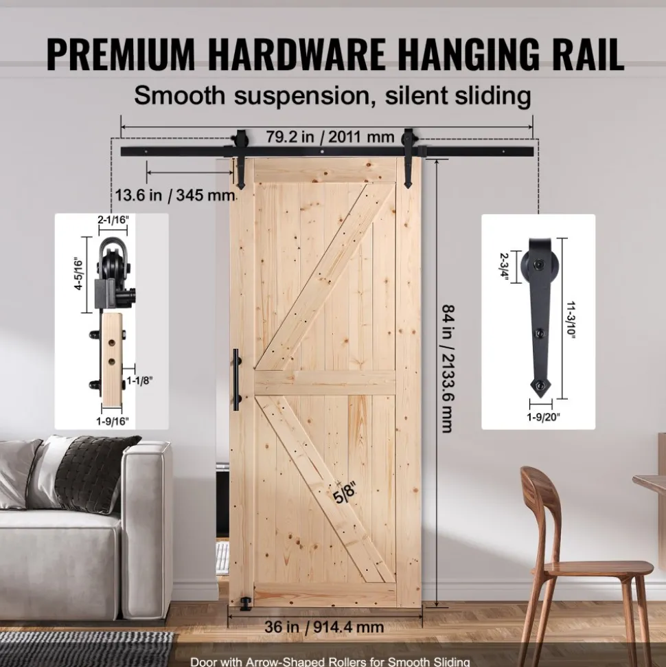 VEVOR Barn Door and Hardware Kit, 36" x 84" Wood Sliding Barn Door, Smoothly and Quietly, Barn Door Kit with 8-in-1 Floor Guide and Door Handle, Spruce Wood Panelled Slab, Easy to Install
