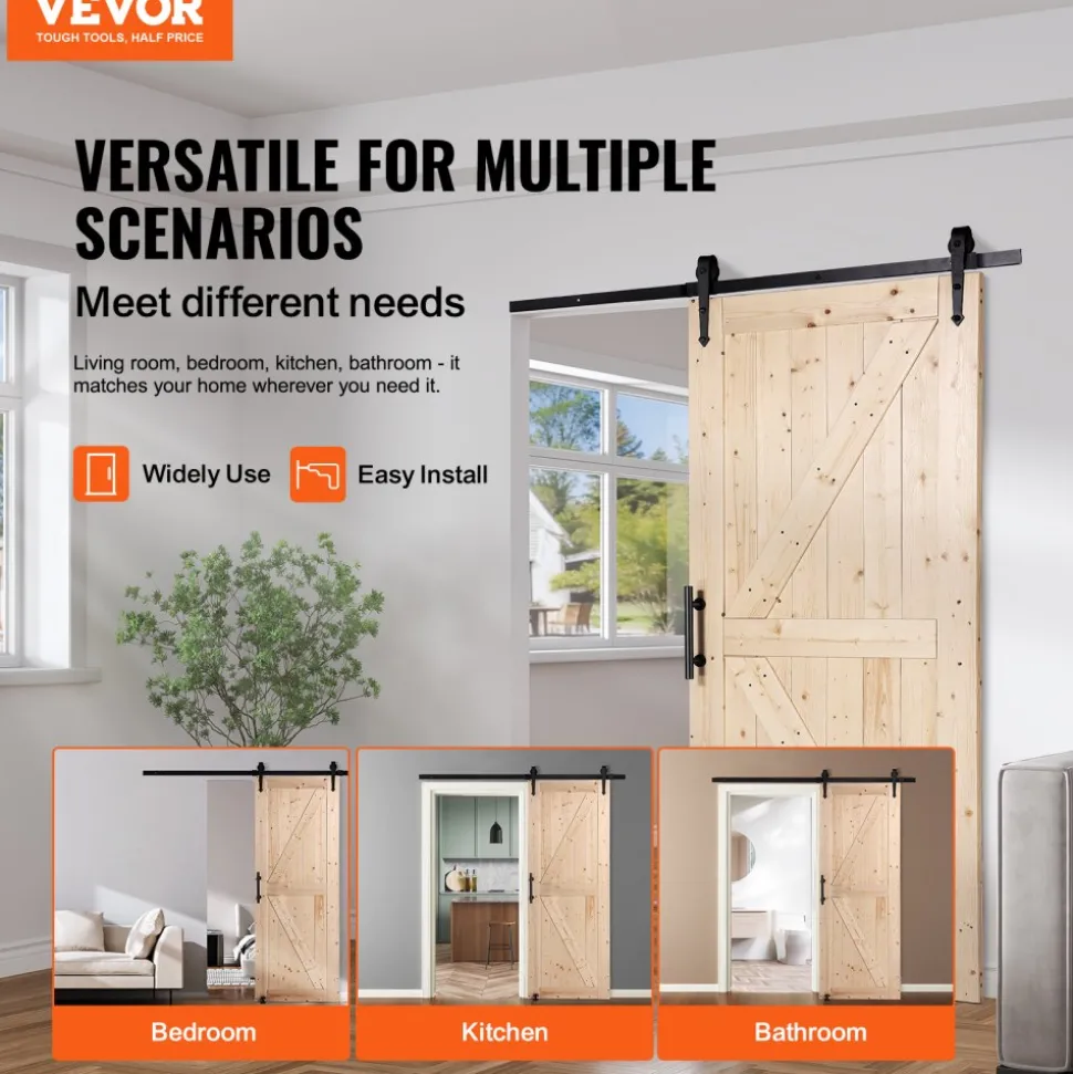 VEVOR Barn Door and Hardware Kit, 36" x 84" Wood Sliding Barn Door, Smoothly and Quietly, Barn Door Kit with 8-in-1 Floor Guide and Door Handle, Spruce Wood Panelled Slab, Easy to Install