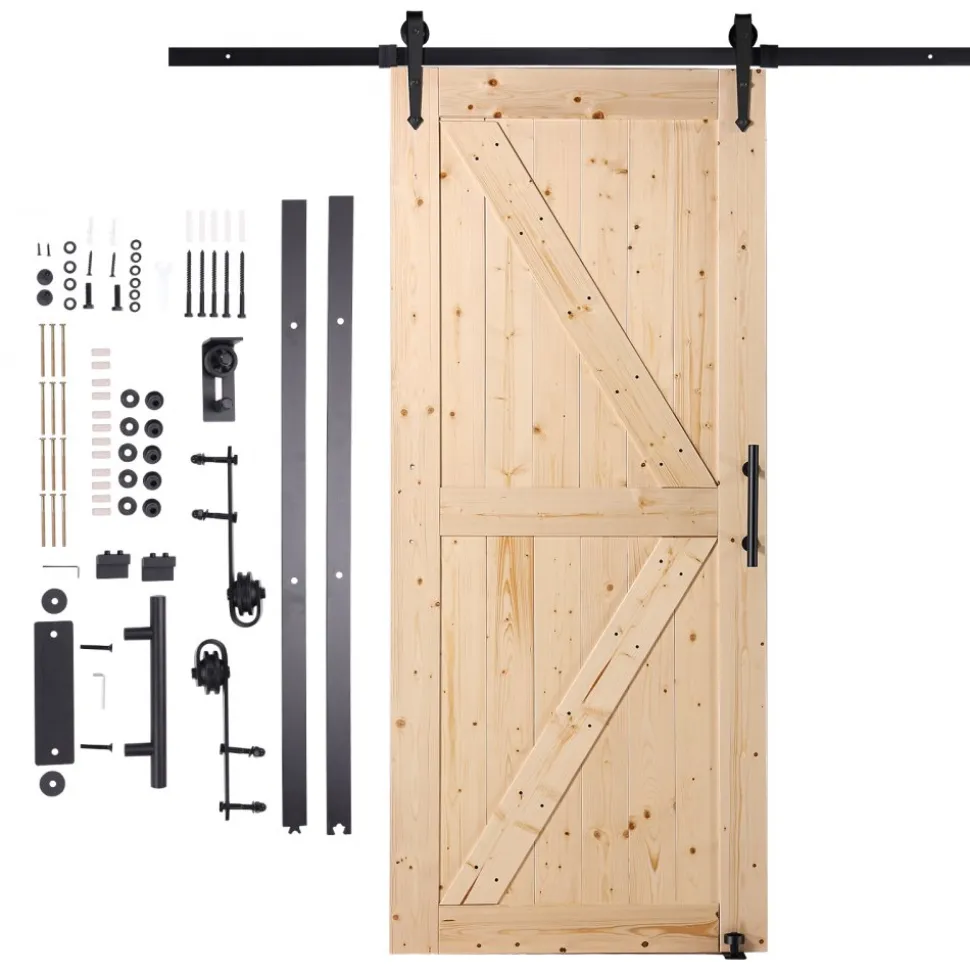 VEVOR Barn Door and Hardware Kit, 36" x 84" Wood Sliding Barn Door, Smoothly and Quietly, Barn Door Kit with 8-in-1 Floor Guide and Door Handle, Spruce Wood Panelled Slab, Easy to Install