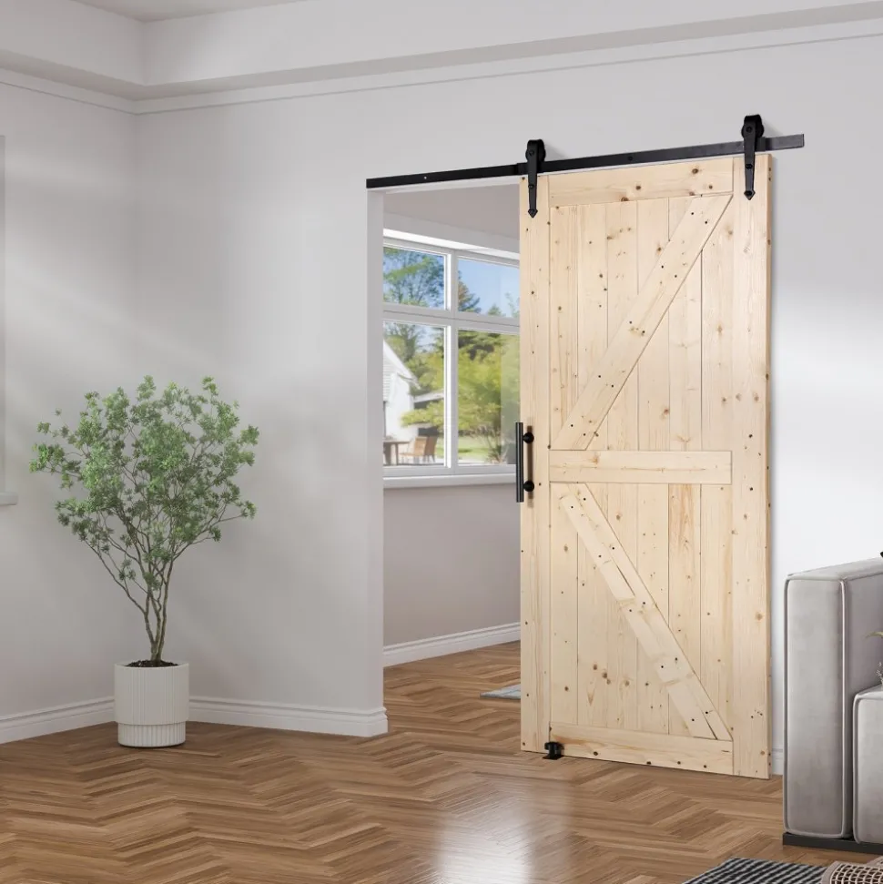VEVOR Barn Door and Hardware Kit, 36" x 84" Wood Sliding Barn Door, Smoothly and Quietly, Barn Door Kit with 8-in-1 Floor Guide and Door Handle, Spruce Wood Panelled Slab, Easy to Install