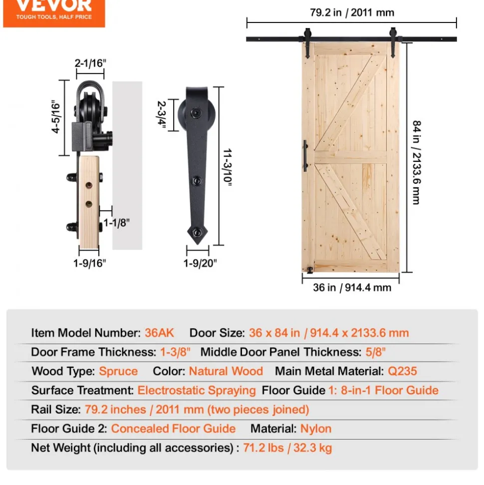 VEVOR Barn Door and Hardware Kit, 36" x 84" Wood Sliding Barn Door, Smoothly and Quietly, Barn Door Kit with 8-in-1 Floor Guide and Door Handle, Spruce Wood Panelled Slab, Easy to Install
