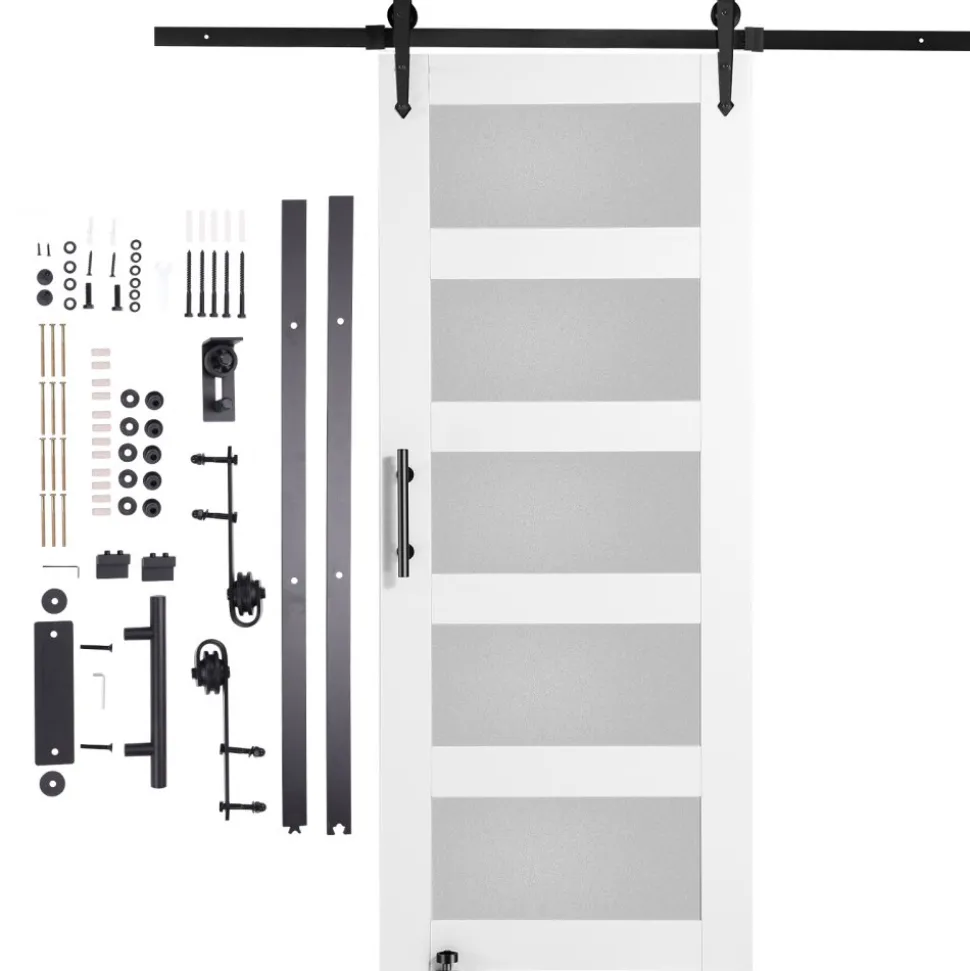 VEVOR Barn Door and Hardware Kit, 32" x 84" Wood and Glass Sliding Barn Door, Smoothly and Quietly, Barn Door Kit with 8-in-1 Floor Guide and Door Handle, Spruce Wood Slab and Frosted Glass