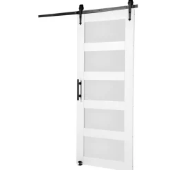 VEVOR Barn Door and Hardware Kit, 32" x 84" Wood and Glass Sliding Barn Door, Smoothly and Quietly, Barn Door Kit with 8-in-1 Floor Guide and Door Handle, Spruce Wood Slab and Frosted Glass
