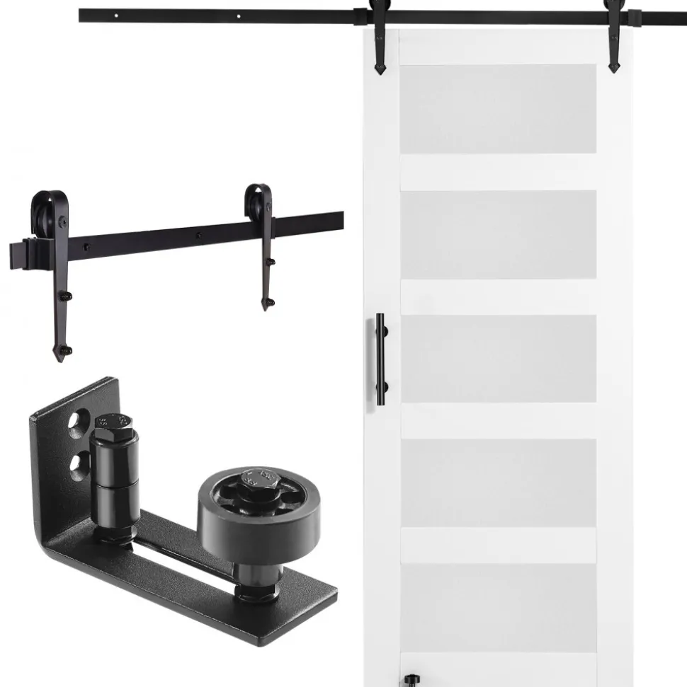 VEVOR Barn Door and Hardware Kit, 32" x 84" Wood and Glass Sliding Barn Door, Smoothly and Quietly, Barn Door Kit with 8-in-1 Floor Guide and Door Handle, Spruce Wood Slab and Frosted Glass