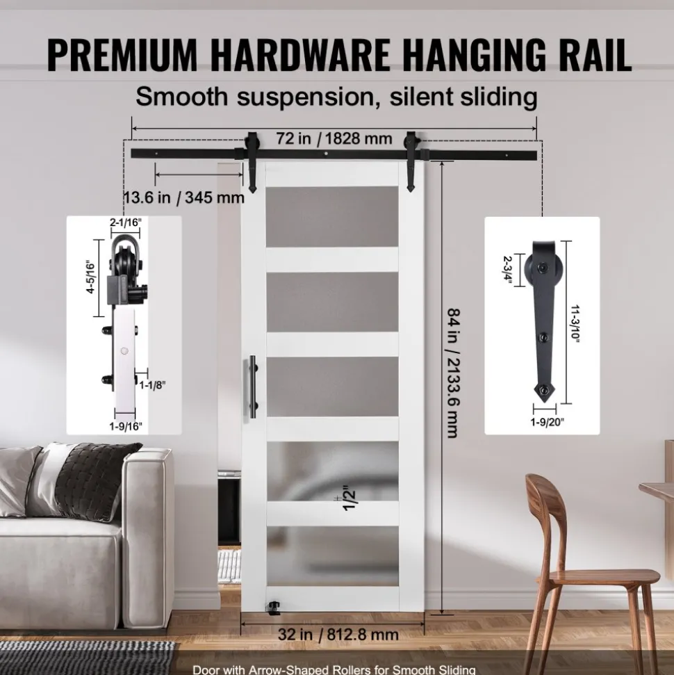 VEVOR Barn Door and Hardware Kit, 32" x 84" Wood and Glass Sliding Barn Door, Smoothly and Quietly, Barn Door Kit with 8-in-1 Floor Guide and Door Handle, Spruce Wood Slab and Frosted Glass
