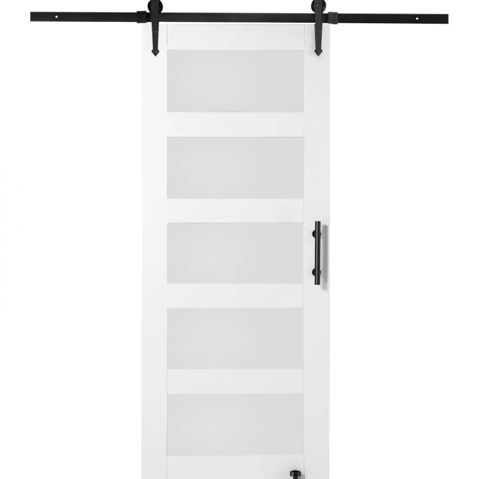 VEVOR Barn Door and Hardware Kit, 32" x 84" Wood and Glass Sliding Barn Door, Smoothly and Quietly, Barn Door Kit with 8-in-1 Floor Guide and Door Handle, Spruce Wood Slab and Frosted Glass
