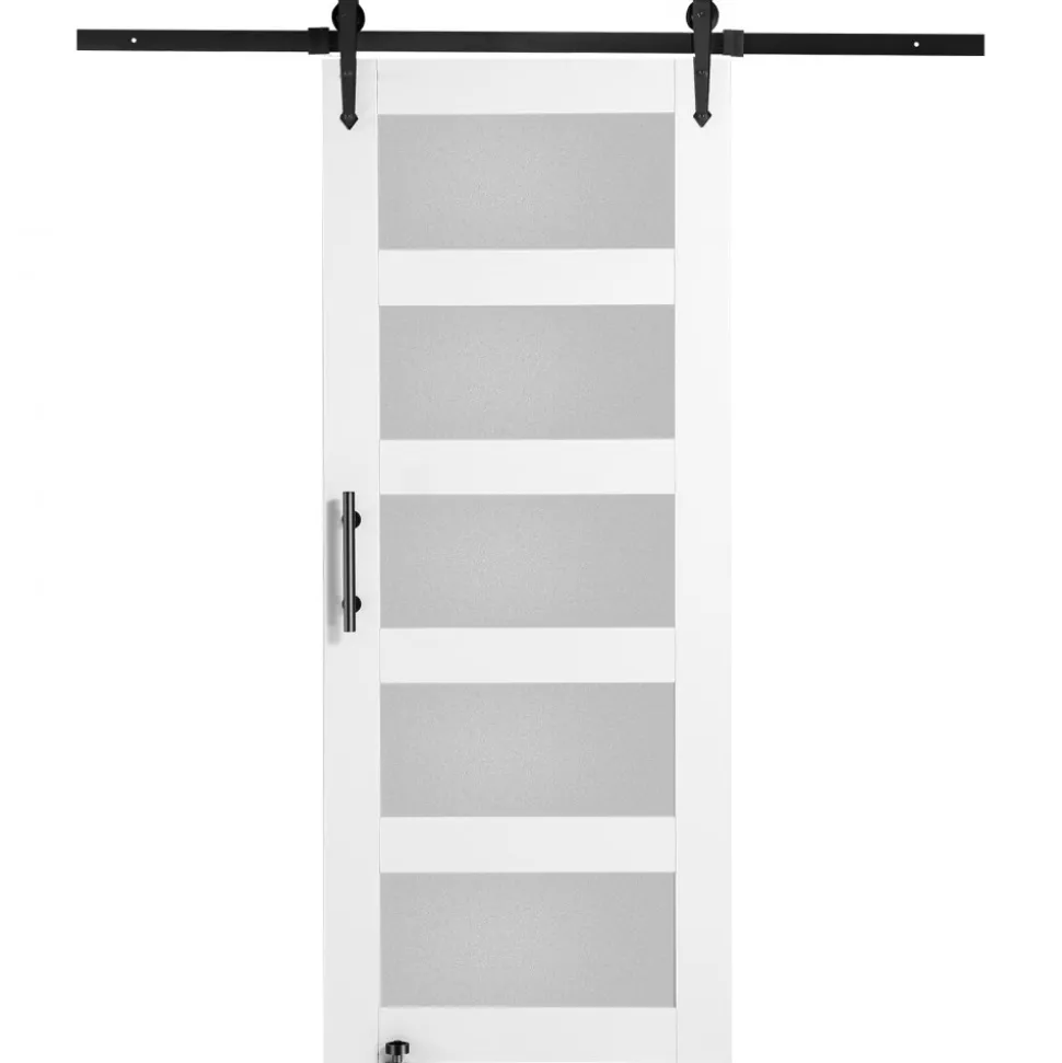 VEVOR Barn Door and Hardware Kit, 32" x 84" Wood and Glass Sliding Barn Door, Smoothly and Quietly, Barn Door Kit with 8-in-1 Floor Guide and Door Handle, Spruce Wood Slab and Frosted Glass