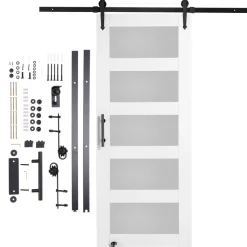 VEVOR Barn Door and Hardware Kit, 30" x 84" Wood and Glass Sliding Barn Door, Smoothly and Quietly, Barn Door Kit with 8-in-1 Floor Guide and Door Handle, Spruce Wood Slab and Frosted Glass