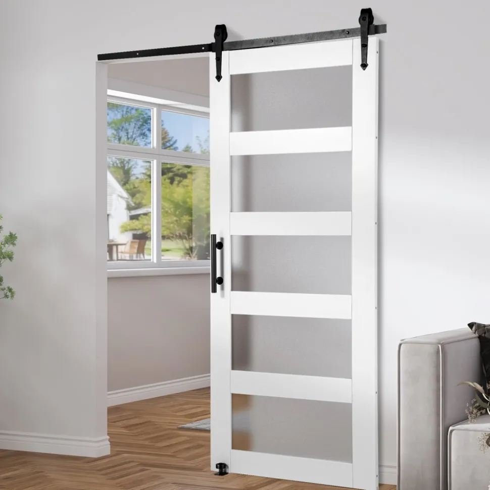 VEVOR Barn Door and Hardware Kit, 30" x 84" Wood and Glass Sliding Barn Door, Smoothly and Quietly, Barn Door Kit with 8-in-1 Floor Guide and Door Handle, Spruce Wood Slab and Frosted Glass