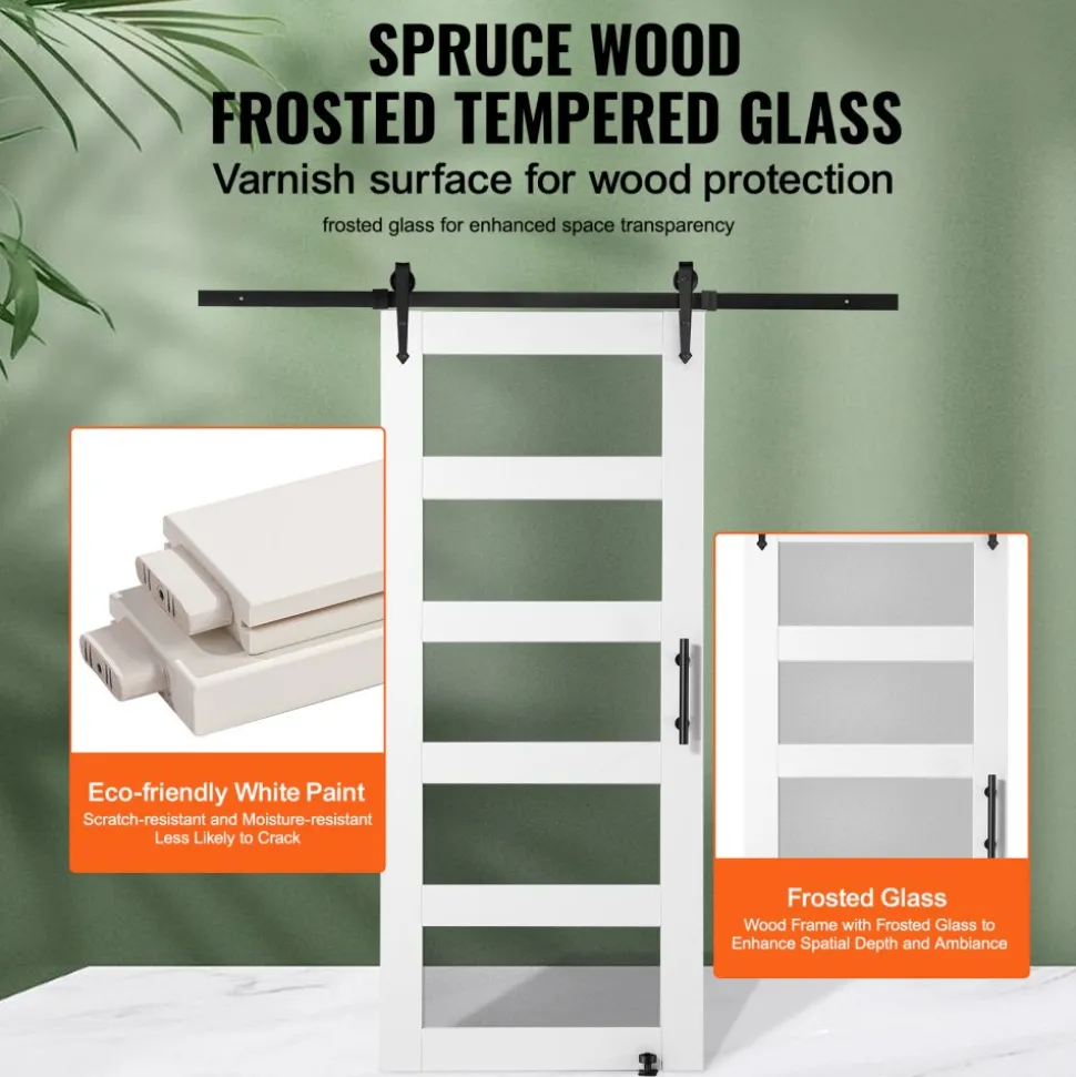 VEVOR Barn Door and Hardware Kit, 36" x 84" Wood and Glass Sliding Barn Door, Smoothly and Quietly, Barn Door Kit with 8-in-1 Floor Guide and Door Handle, Spruce Wood Slab and Frosted Glass