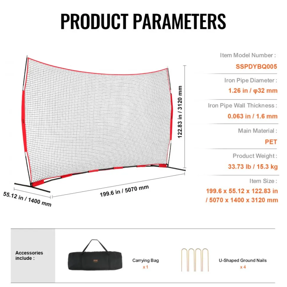 VEVOR Barricade Backstop Net, 16x10 ft Ball Sports Barrier Netting, Portable Practice Equipment with Carry Bag, Protection Screen for Baseball Softball Lacrosse Soccer Hockey Training, for Backyard