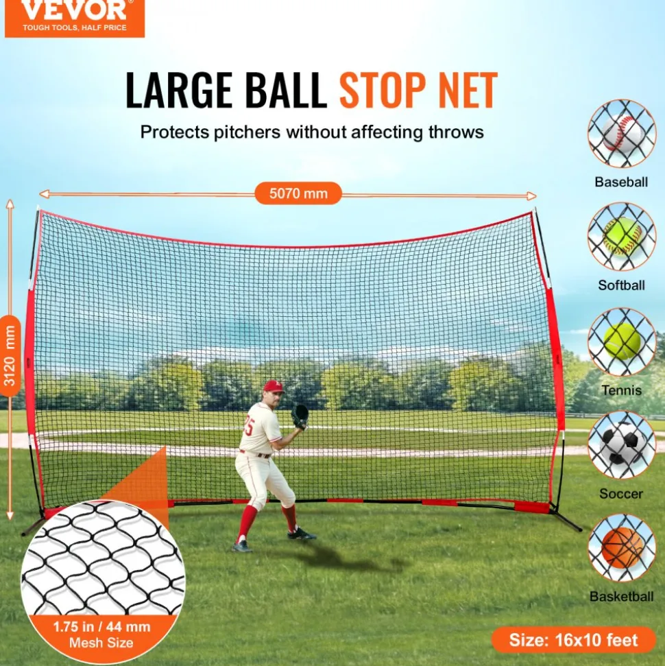 VEVOR Barricade Backstop Net, 16x10 ft Ball Sports Barrier Netting, Portable Practice Equipment with Carry Bag, Protection Screen for Baseball Softball Lacrosse Soccer Hockey Training, for Backyard
