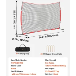 VEVOR Barricade Backstop Net, 20x10 ft Ball Sports Barrier Netting, Portable Practice Equipment with Carry Bag, Protection Screen for Baseball Softball Lacrosse Soccer Hockey Training, for Backyard