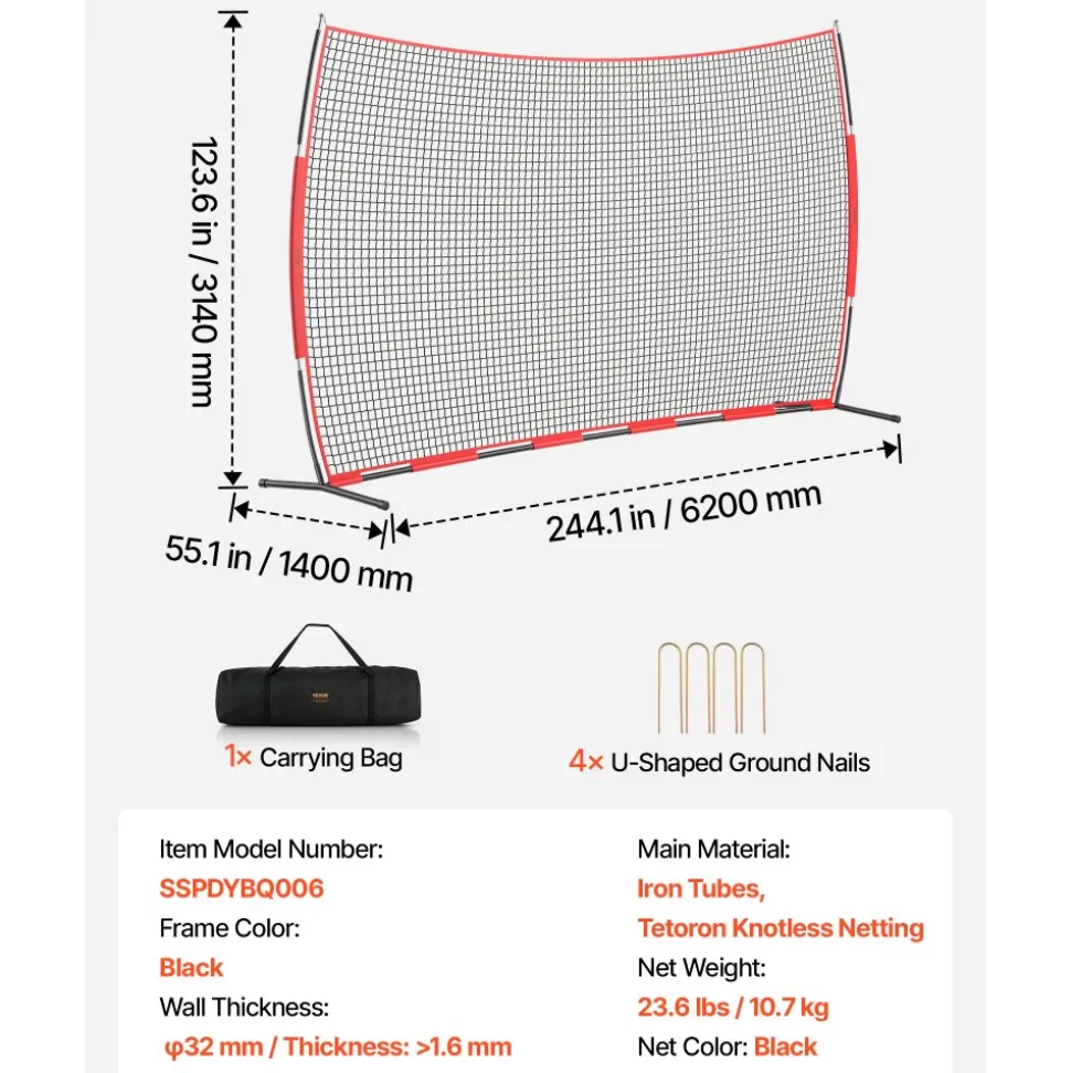 VEVOR Barricade Backstop Net, 20x10 ft Ball Sports Barrier Netting, Portable Practice Equipment with Carry Bag, Protection Screen for Baseball Softball Lacrosse Soccer Hockey Training, for Backyard