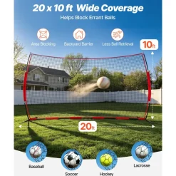 VEVOR Barricade Backstop Net, 20x10 ft Ball Sports Barrier Netting, Portable Practice Equipment with Carry Bag, Protection Screen for Baseball Softball Lacrosse Soccer Hockey Training, for Backyard