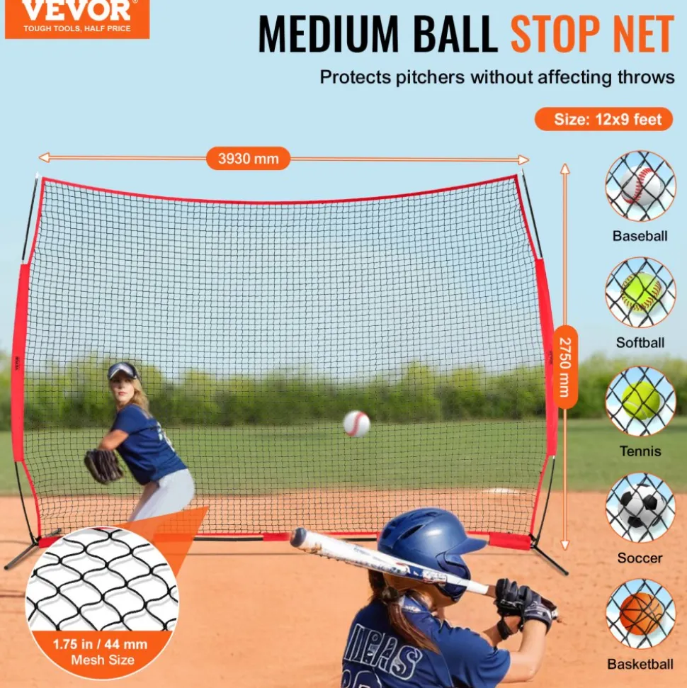 VEVOR Barricade Backstop Net, 12x9 ft Ball Sports Barrier Netting, Portable Practice Equipment with Carry Bag, Protection Screen for Baseball Softball Lacrosse Soccer Hockey Training, for Backyard