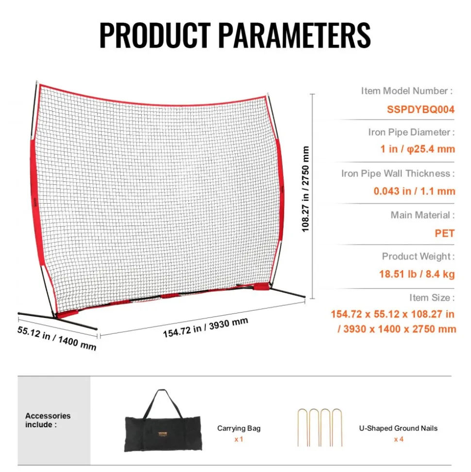 VEVOR Barricade Backstop Net, 12x9 ft Ball Sports Barrier Netting, Portable Practice Equipment with Carry Bag, Protection Screen for Baseball Softball Lacrosse Soccer Hockey Training, for Backyard