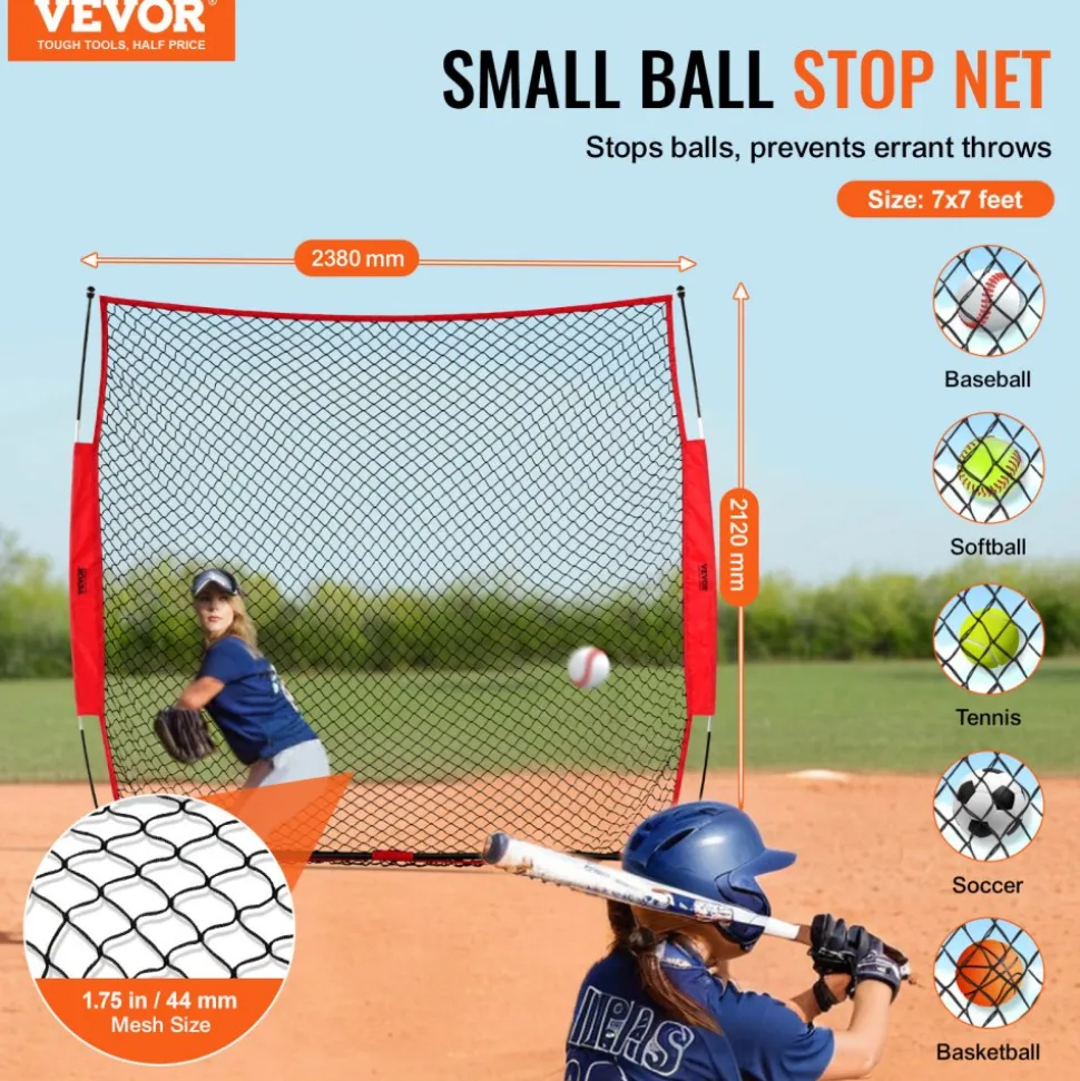 VEVOR Barricade Backstop Net, 7x7 ft Ball Sports Barrier Netting, Portable Practice Equipment with Carry Bag, Protection Screen for Baseball Softball Lacrosse Soccer Hockey Training, for Backyard