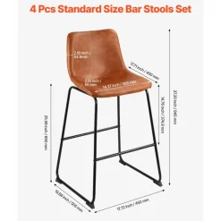 VEVOR Bar Stool Set of 4, 26 inch Counter Height Stools, Modern PU Leather Counter Barstool with Backrest, Metal Legs, Easy Assembly Armless Bar Chair, Island Barstool for Kitchen, Dining Room, Brown